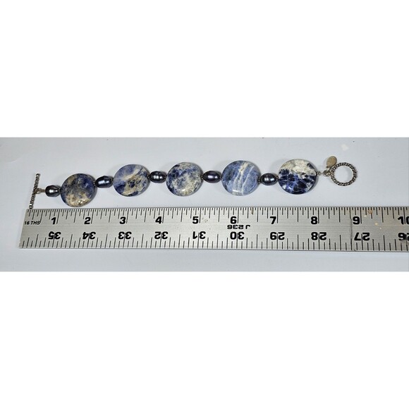 Donna Dressler 925 Silver Blue Sodalite & Freshwater Pearl Toggle Bracelet Jewel - Picture 8 of 8